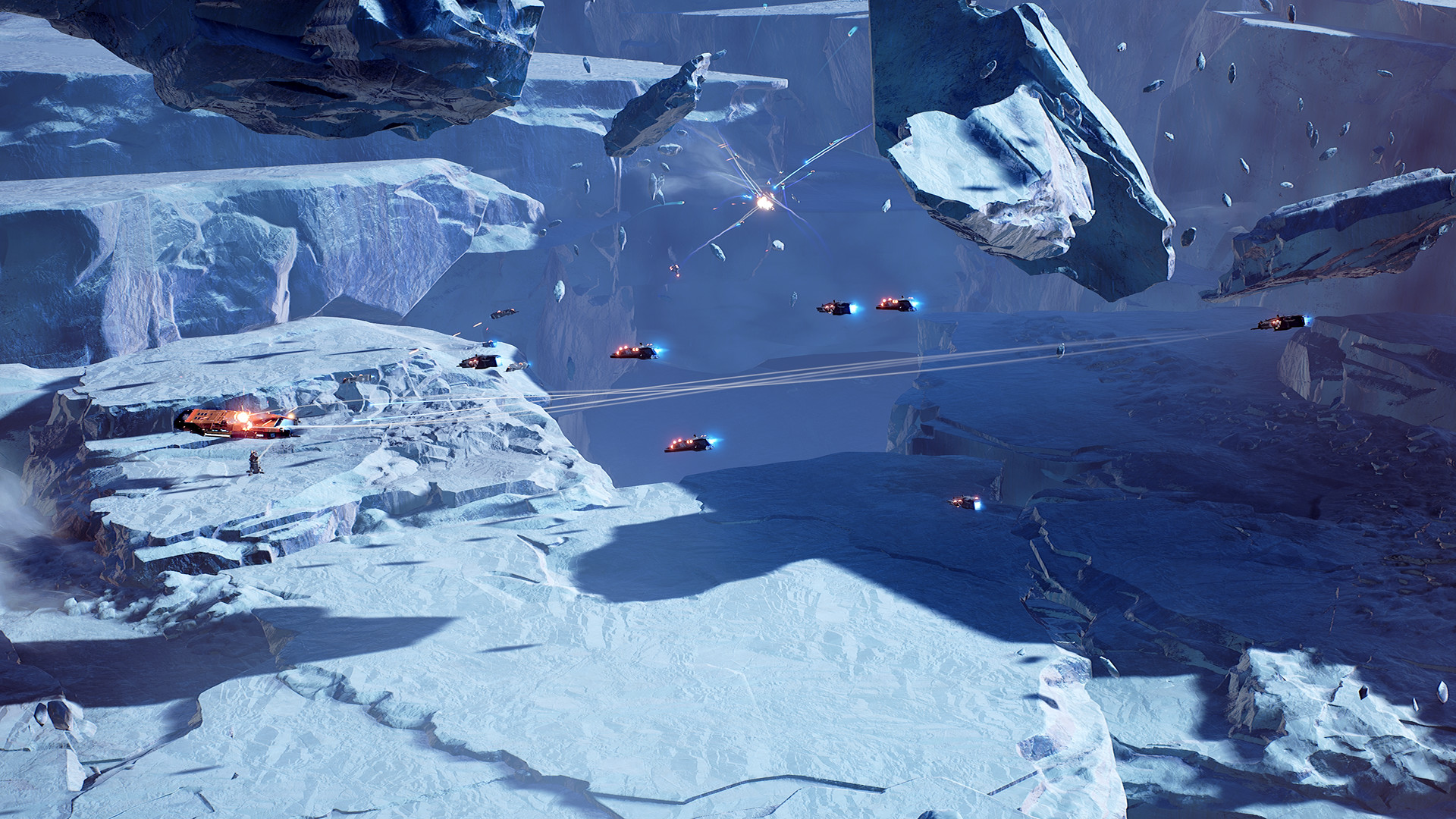 Ships flying over an ice planet.