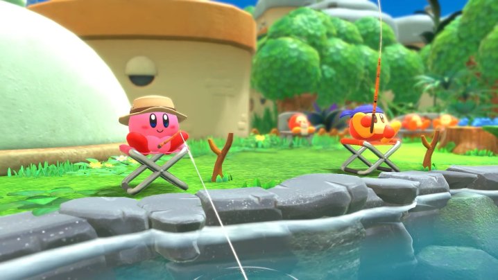 Kirby fishes with a waddle dee in Kirby and the Forgotten Lands.