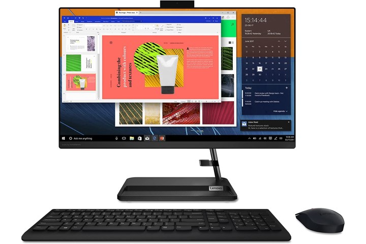 Lenovo IdeaCentre AIO desktop PC with mouse and keyboard.