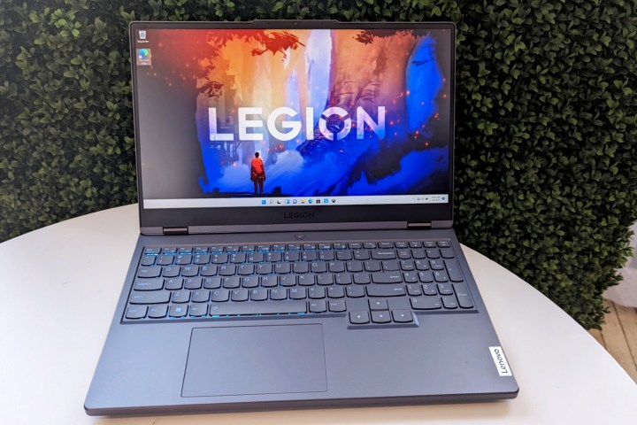 The Lenovo Legion 5i laptop with the Legion logo on the screen.