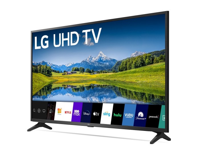 The 55-inch LG UN6955 Series 4K TV with a nature scene and app icons on the display.