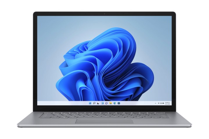 The Microsoft Surface Laptop 4 with an abstract image on the screen.
