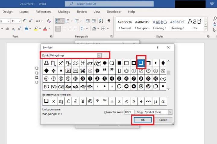 Choosing a checkbox symbol on Microsoft Word.