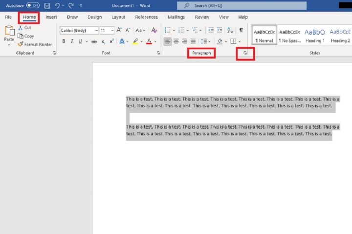 A Microsoft Word screenshot showing the Home tab, its Paragraph menu subsection, and the dialog box launcher button.