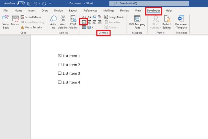 Microsoft Word desktop app screenshot showing how to insert a checkbox.