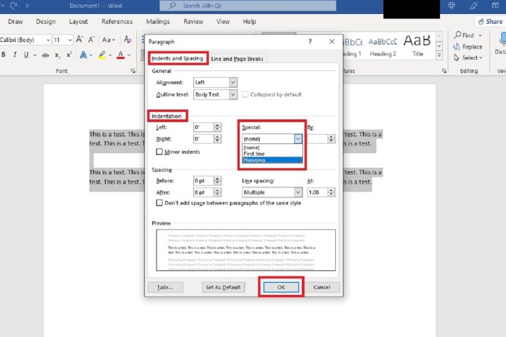 A Microsoft Word screenshot showing the Paragraph dialog box menu.