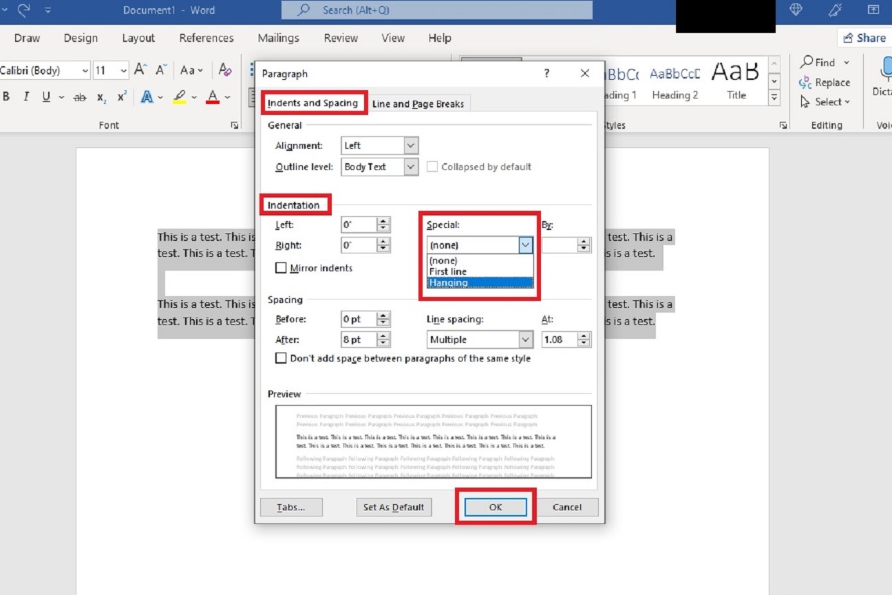 A Microsoft Word screenshot showing the Paragraph dialog box menu.