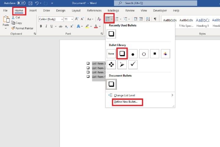 Microsoft Word desktop app screenshot showing how to insert print-only checkboxes.