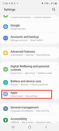 Optimize battery usage Apps menu on a smartphone.