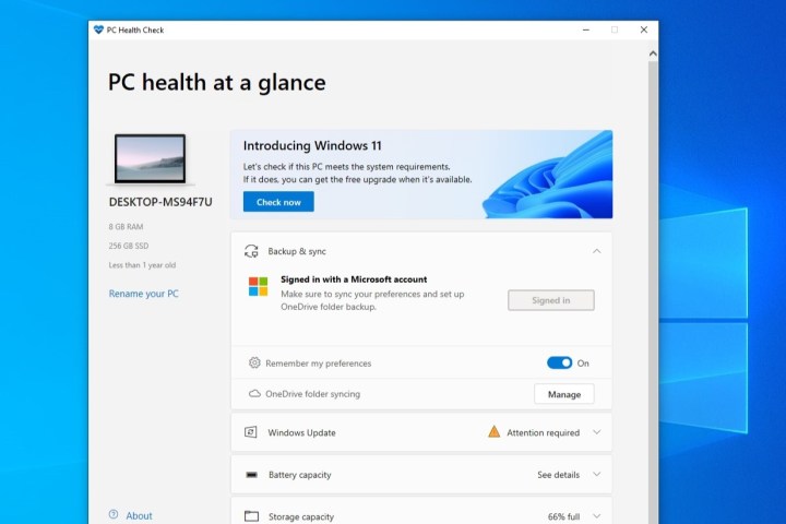The PC Health Check app on Windows 10.