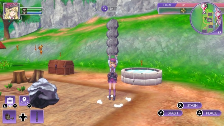 Alice carries a stack of rocks in Rune Factory 5