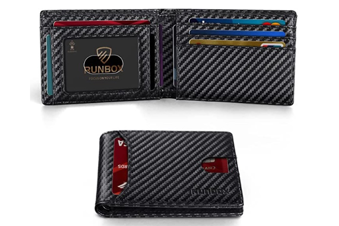 Runbox Slim Leather Wallet in black, showing the slim profile with cards and the wallet open.
