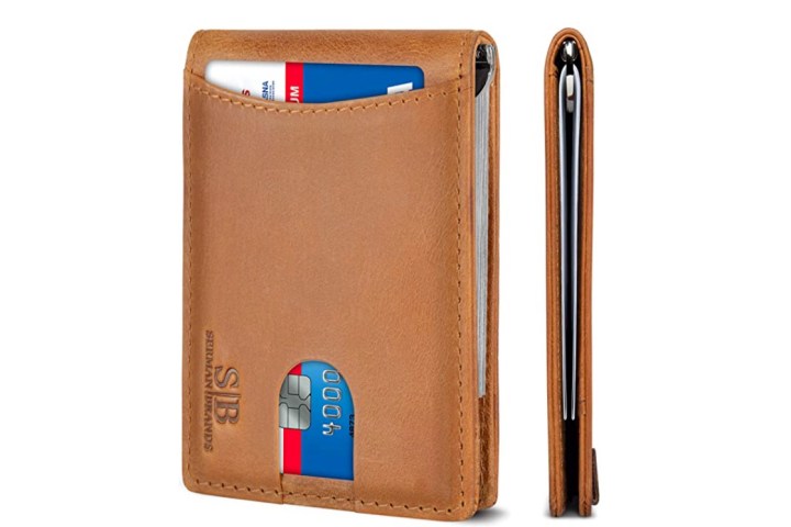 Serman Brands RFID Blocking Slim Bifold Wallet in tan, showing cards and the wallet's side profile.