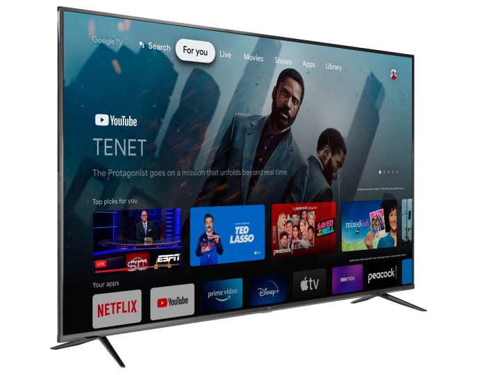 The 75-inch TCL 4 Series 4K TV with the Google TV platform on the screen.