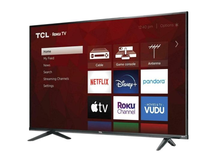 The 55-inch TCL 4 Series 4K TV with the Roku TV interface on the display.