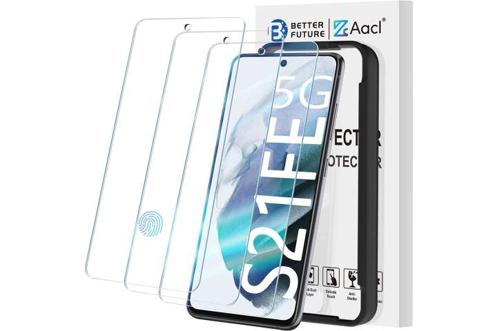 AACL Tempered Glass for Samsung Galaxy S21 FE with sameples, phone, and box.