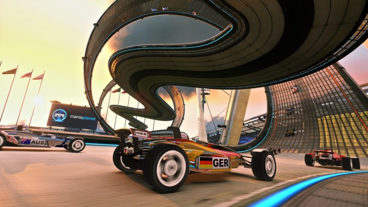 Trackmania player driving through winding course.