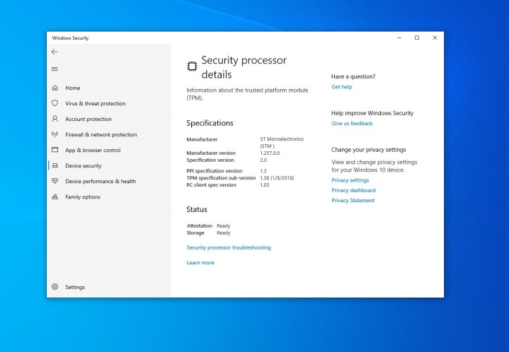 Windows 10's Security Menu.