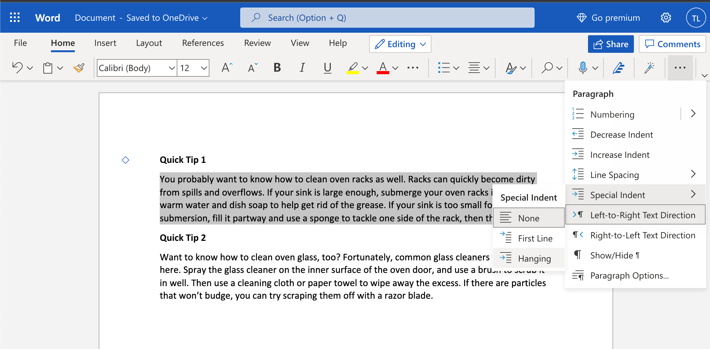 A section of highlighted text in the web version of Microsoft Word.