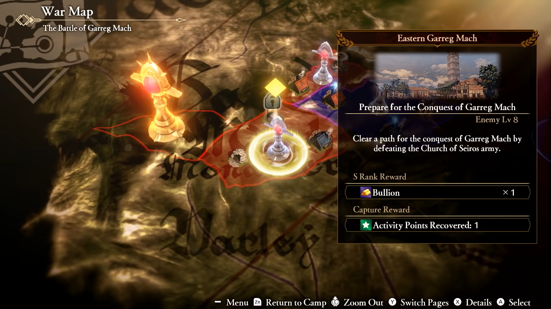 Um mapa de guerra com objetivos.  em Fire Emblem Warriors: Three Hopes.