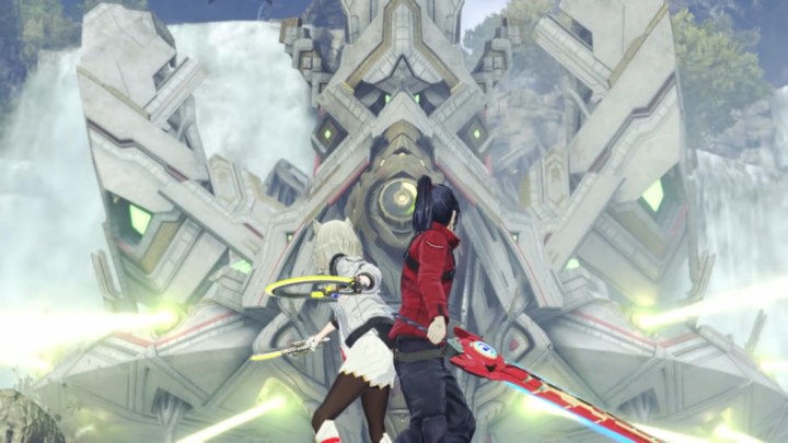 Two characters stand back to back near a giant machine in Xenoblade Chronicles 3..