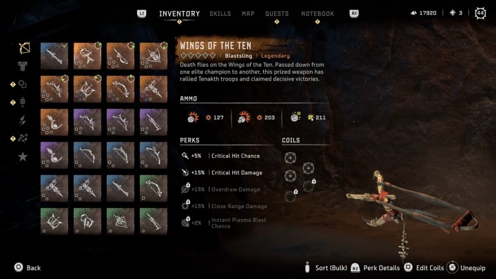 The Wings of the Ten weapon menu.