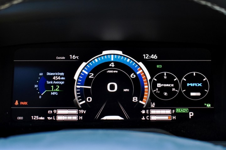 The 2022 Toyota Tundra i-Force Max hybrid's instrument cluster.