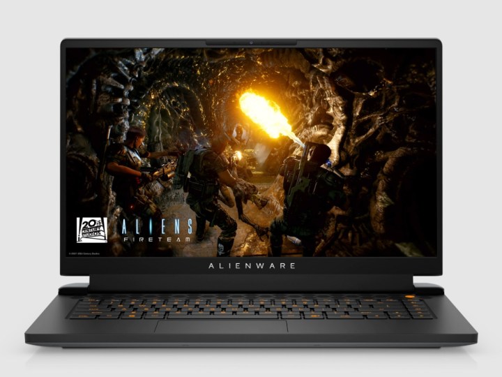 The Alienware m15 R6 gaming laptop with a screenshot of Aliens: Fireteam on the screen.