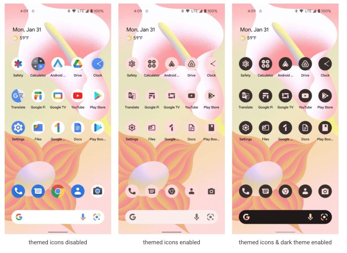 Recurso de ícones temáticos do Android 13.