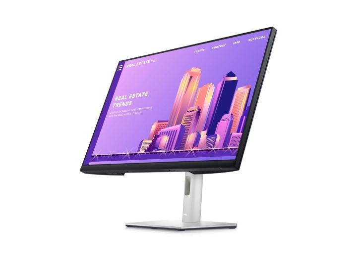 Dell 27-inch monitor on white background while displaying pink imagery.