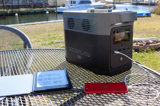 EcoFlow Delta Mini outside with devices connected.