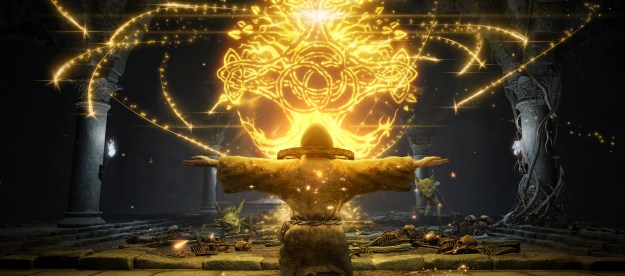 A character sits in front of a glowing, yellow orb in Elden Ring.