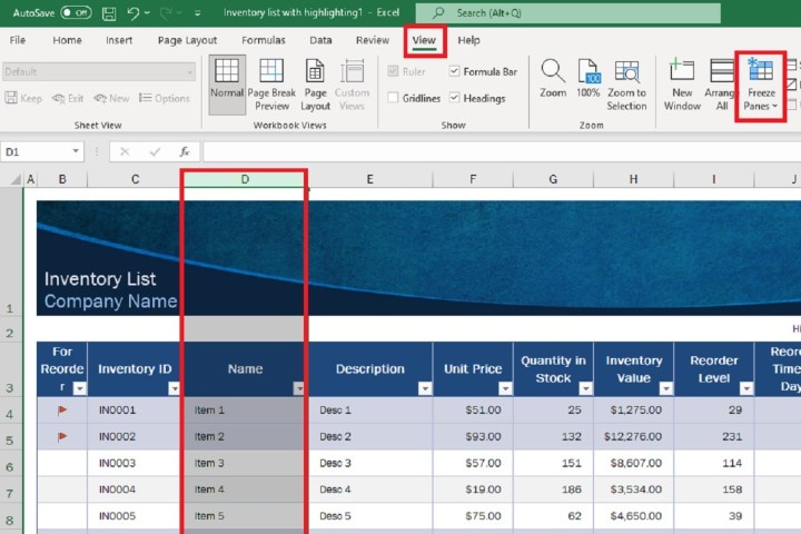 Снимок экрана Excel, показывающий выбор столбцов, вкладку «Вид» и опцию «Закрепить области».