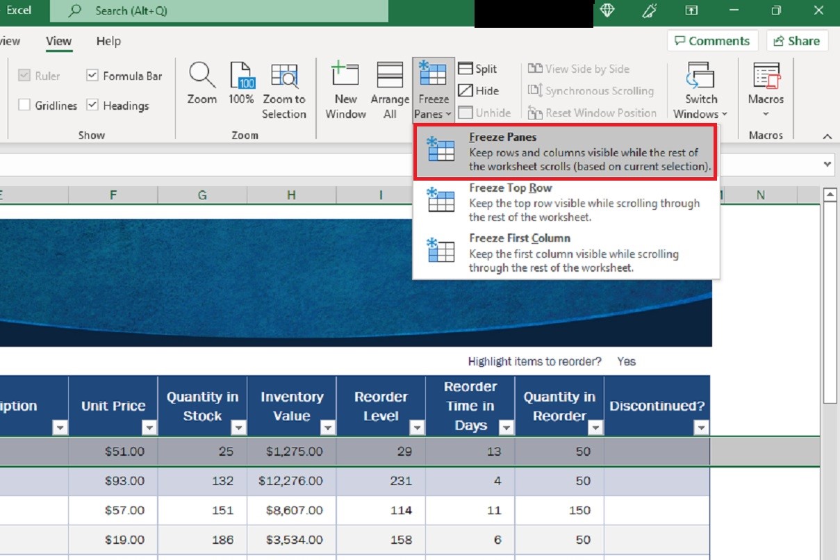 An Excel screenshot showing the Freeze Panes drop down menu options.