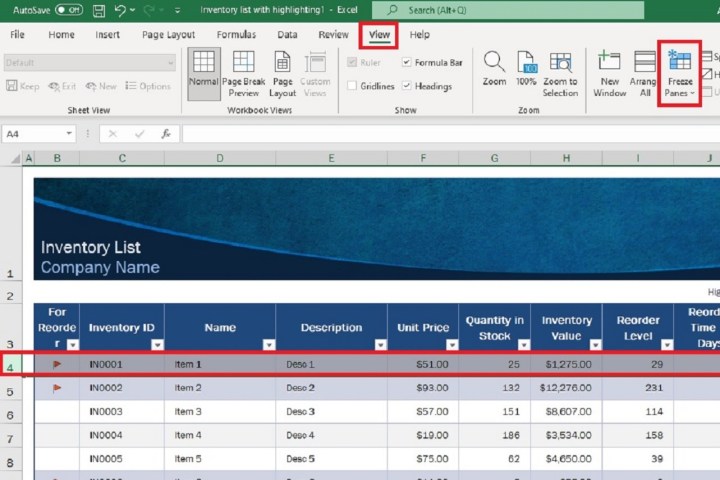Снимок экрана Excel, показывающий, какую строку выбрать, и меню вкладки «Вид» для закрепления строк.