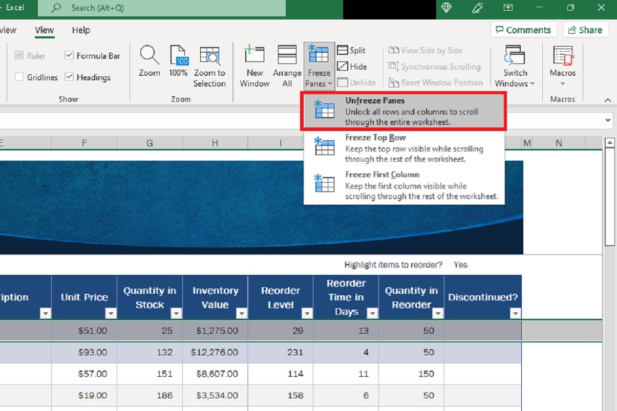 An Excel screenshot showing the Unfreeze Panes menu option.