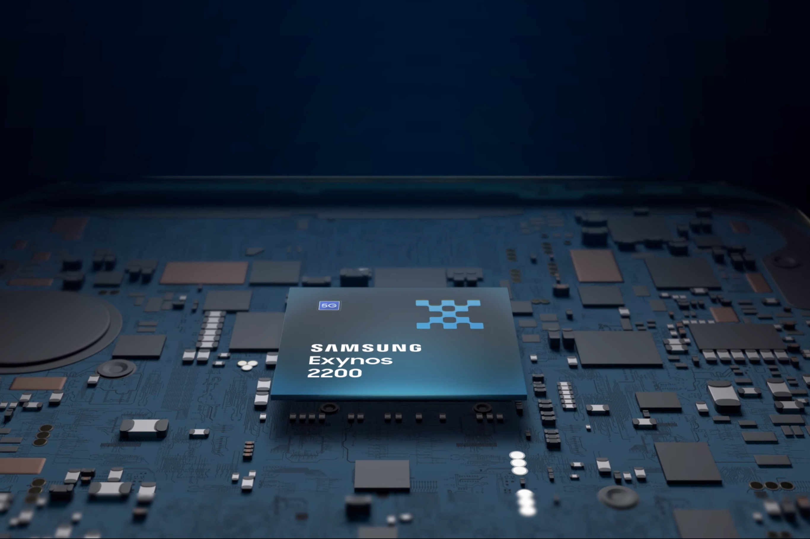 Ilustración del conjunto de chips Samsung Exynos 2200 en una placa base.