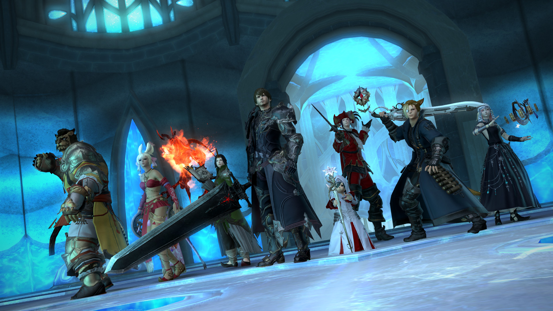 Un grupo de personajes se reúne en una mazmorra de Final Fantasy XIV.