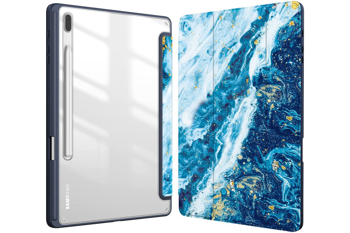 Fintie Hybrid Slim Case for Samsung Galaxy Tab S8 Plus in Sandy Wave blue, white, and gold marble, with a clear back.