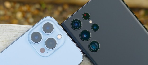 Galaxy S22 Ultra and iPhone 13 Pro cameras seen from the back.