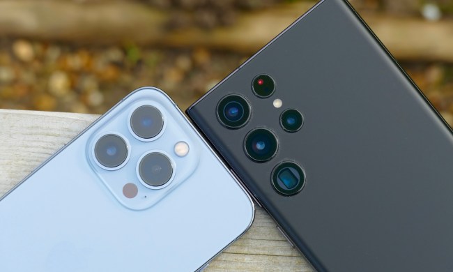 Galaxy S22 Ultra and iPhone 13 Pro cameras seen from the back.