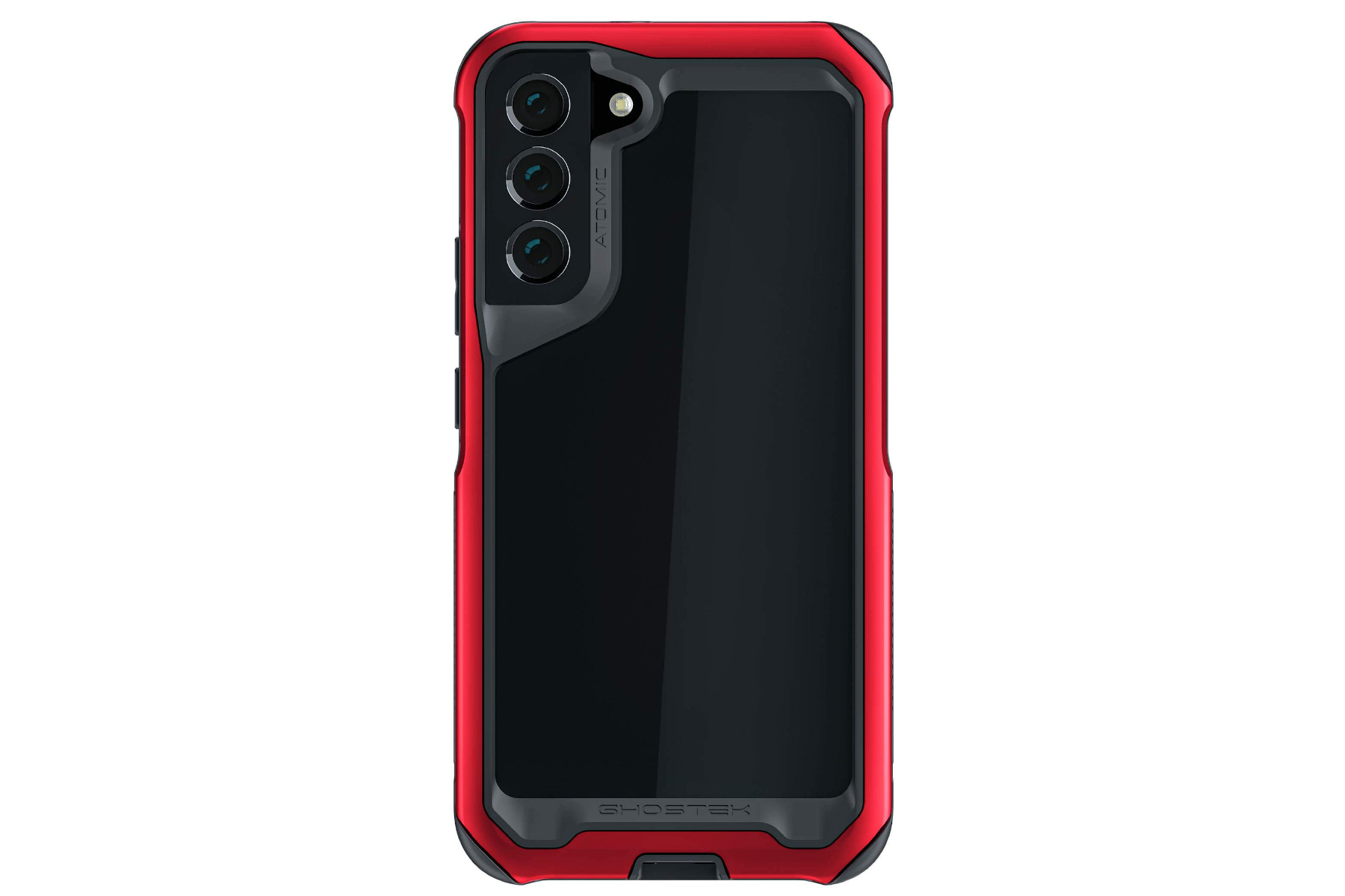 Capa Ghostek ATOMIC Slim para Samsung Galaxy S22 Plus em preto com um pára-choques vermelho.