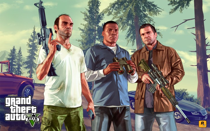 Trevor, Franklin, and Michael prepare to hunt someone in the forests outside of Los Santos.