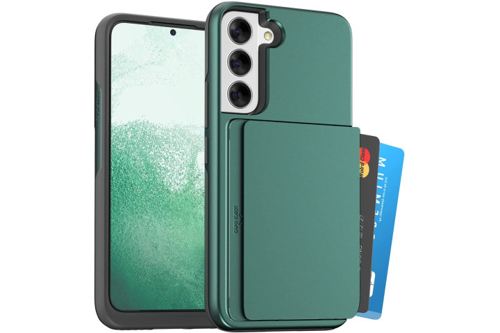 K-max Auto-tok Card Case for the Samsung Galaxy S22 in a deep metallic green shade, showing the card slot with credit cards.