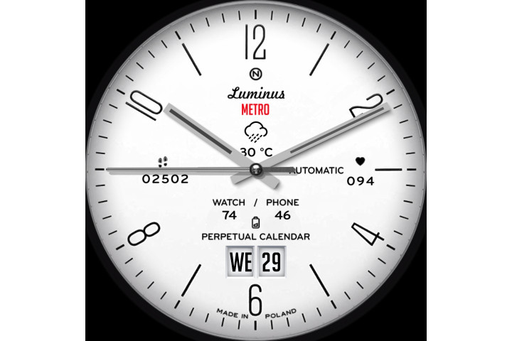 Luminus Metro watch face in white for the Samsung Galaxy Watch.