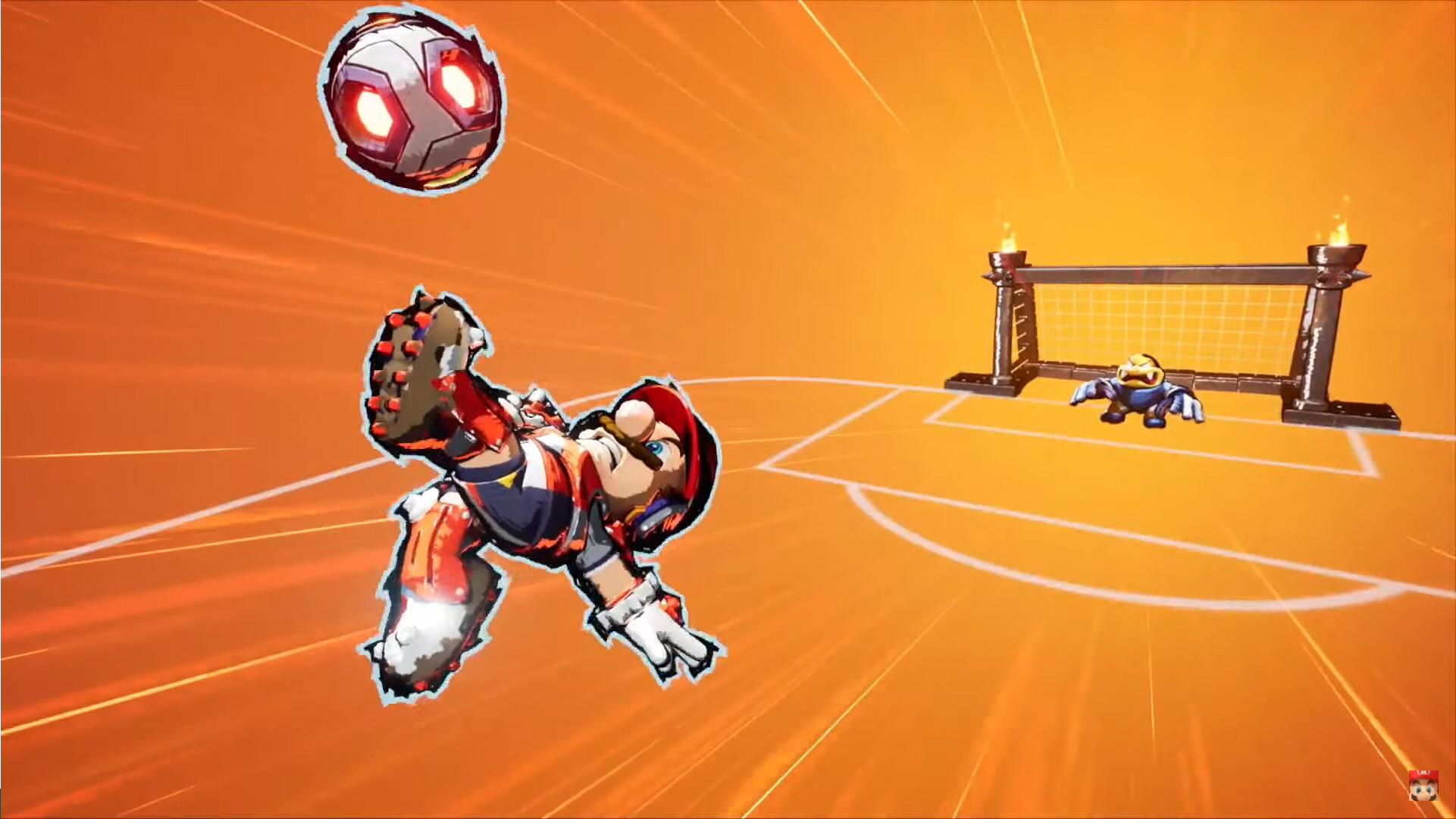 Mario kicks a ball into the goal with a backflip.