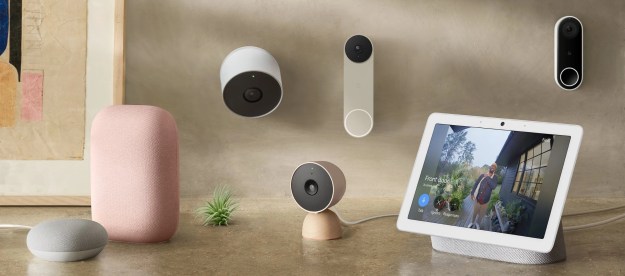 Nest devices grouped together on a counter.