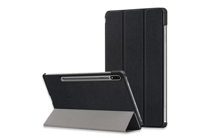 Olixar leather-style with S Pen holder case in black, showing the back of the case and the case folded out as a kickstand.