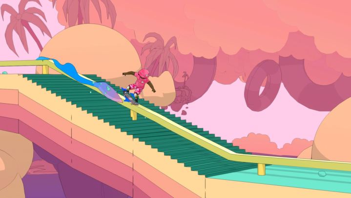 The player character grinds in the Nintendo Switch version of OlliOlli World.