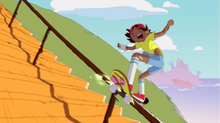 The OlliOlli World player character grins will grinding down a rail in the OlliOlli World cinematic trailer.